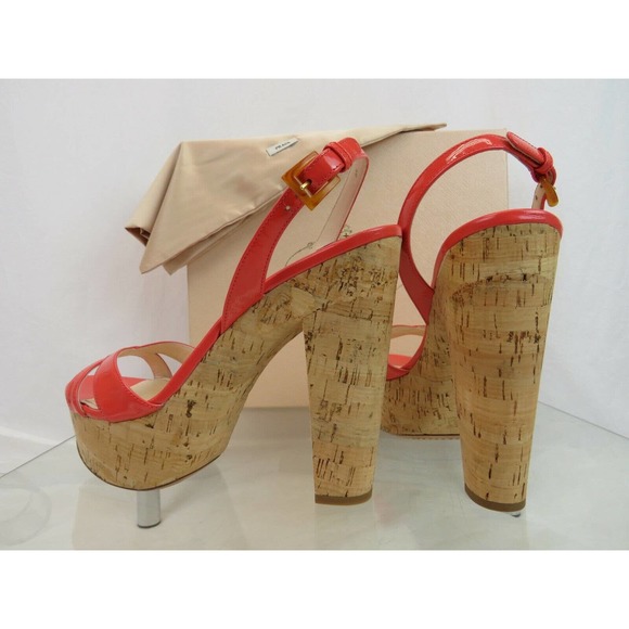 NIB PRADA 1Z648D CORAL PINK PATENT LEATHER SLINGBACK CORK SANDALS PUMPS 39.5 - Picture 7 of 12